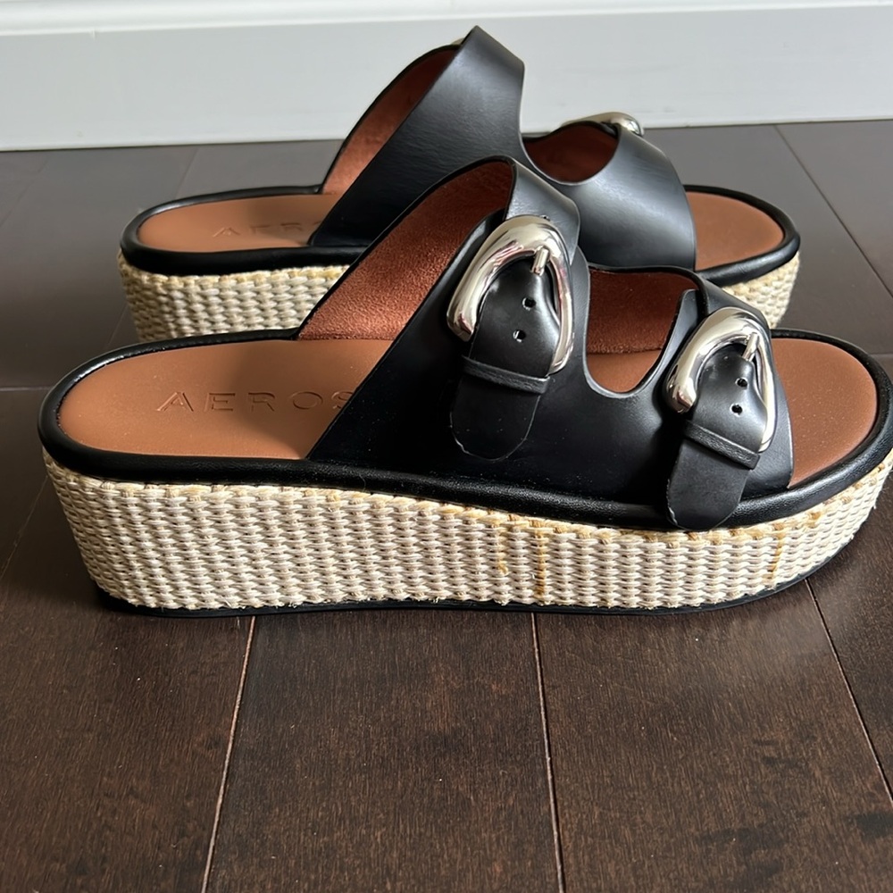 AEROSOLES Darcy Wedge Black Platform Espadrille Sandals Sz 8.5 LIKE NEW - Picture 4 of 11